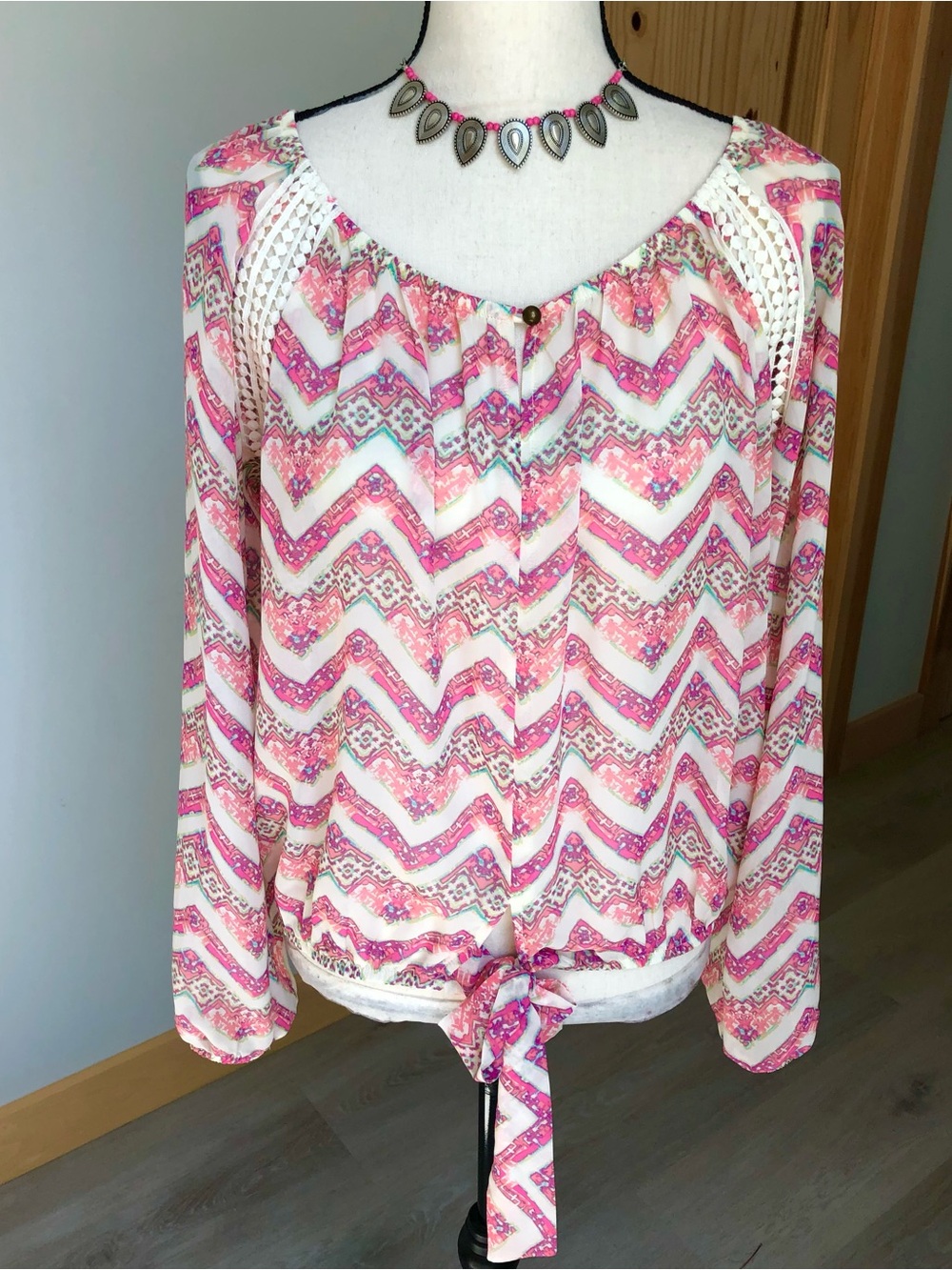 Pink Print Bohemian Tie Front Crochet Accent Top Medium